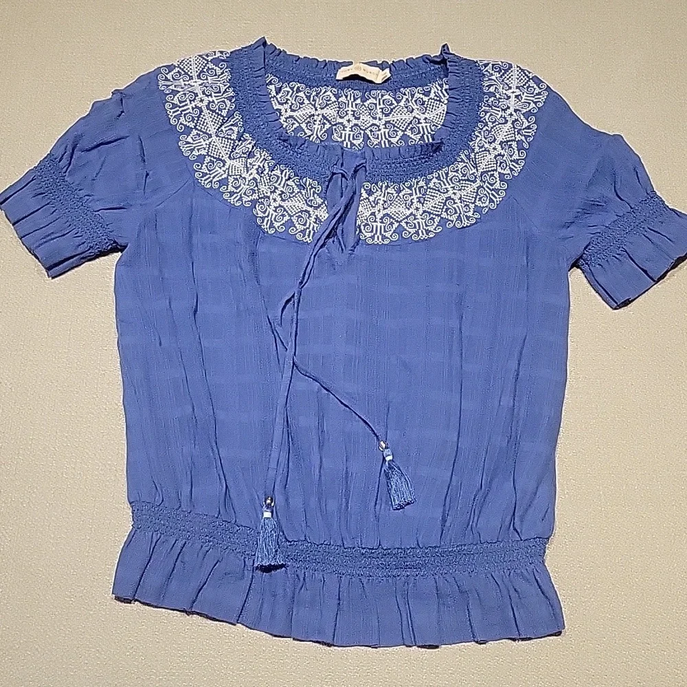 Tory Burch Nina Blouse Embroidery White Blue Peasant Cotton Western Boho Medium